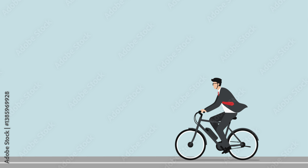 Obraz premium A businessman rides an electric bicycle on a city street. Clean, modern style. Ideal for concepts of sustainable commuting and urban lifestyle.
