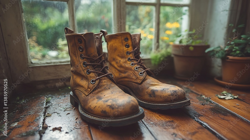 Worn Leather Boots Windowsill Rustic.