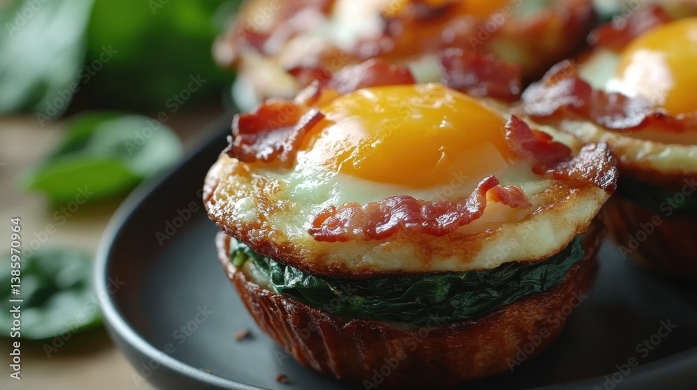 Delicious egg muffin with crispy bacon and fresh spinach a healthy breakfast option served on plate Delicious egg muffin with crispy bacon and fresh spinach a healthy breakfast option served on plate