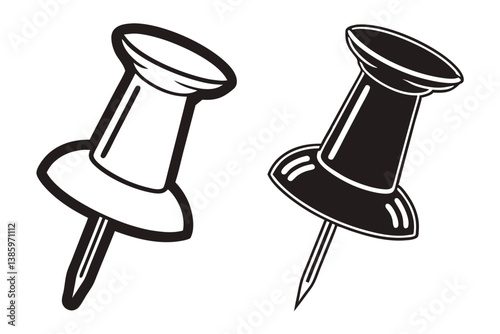 Vector illustration of push pins in black and white, stationery office supplies.