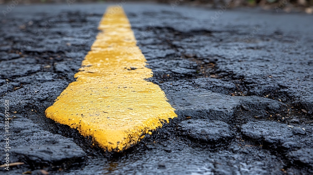 Yellow Arrow Road Mark with Damaged Asphalt.