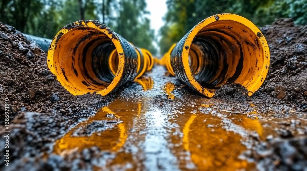 Yellow Drainage Pipes with Trench, and Construction Site.