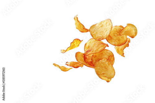 Irresistible spicy jalapeno potato chips soaring through the air isolated on transparent background