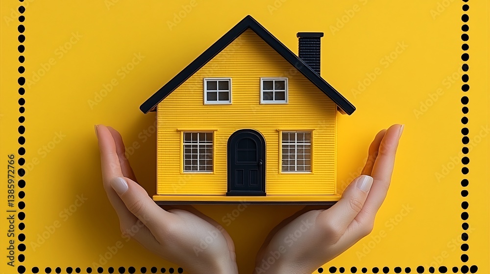 Yellow House in Hands Real Estate Concept.