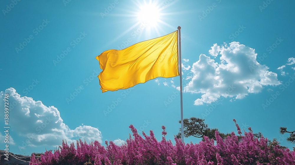 Yellow Flag Waving Sunny Sky Flowers.