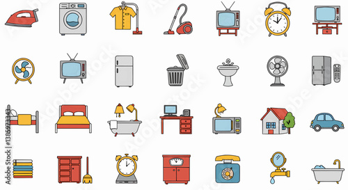 A grid of forty small, flat, two-dimensional line drawings of household tools and appliances. Drawn in bright, saturated colors, the style is simple, with a digital vector aesthetic.