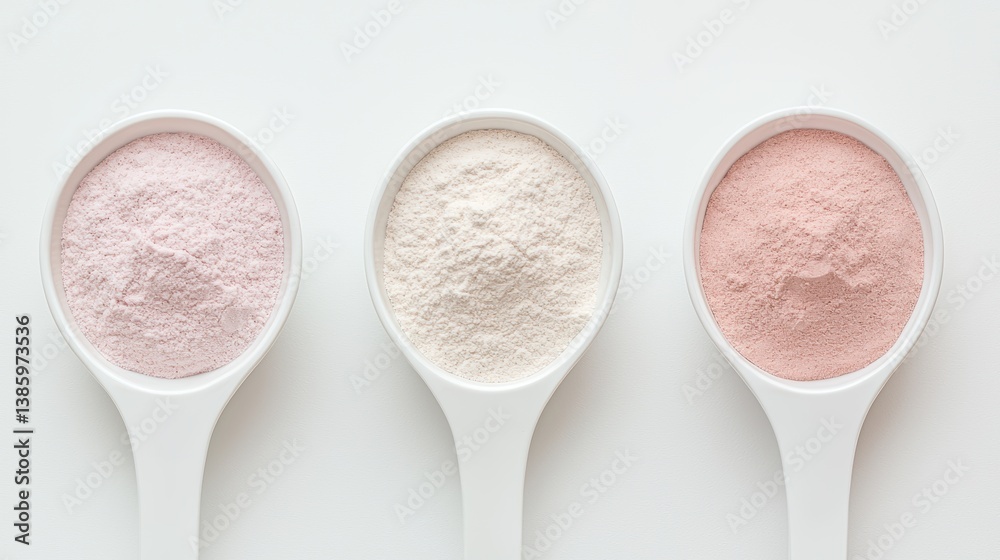 Three scoops of different colored powders arranged in a row on a light background, showcasing a variety of textures and hues. Three scoops of different colored powders arranged in a row on a light background, showcasing a variety of textures and hues.