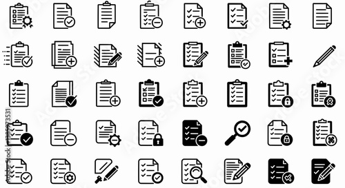 A grid of 48 small, flat, two-dimensional icons on a white background. The icons depict various types of documents and checklists, rendered in black. The image features a vector digital aesthetic.