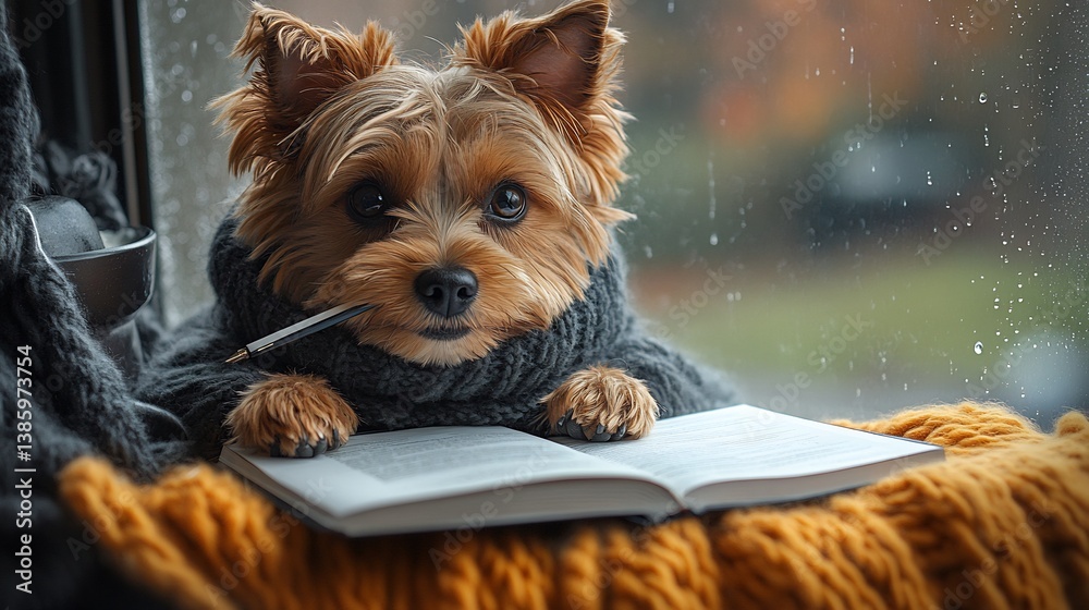 Yorkshire Terrier Dog Reading Book Window.