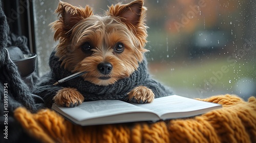 Obraz na płótnie Yorkshire Terrier Dog Reading Book Window. w salonie