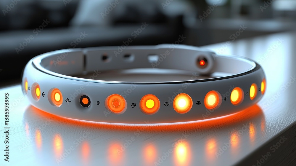 Futuristic smart pet collar with illuminated sensors.