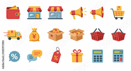 A set of twelve e-commerce and retail icons, designed in a flat, 2D style with bright, saturated colors. Vector-based.