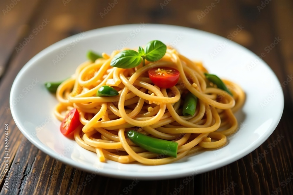 Stir-fried noodles with vegetables on white plate, tasty, soy sauce, asian Stir-fried noodles with vegetables on white plate, tasty, soy sauce, asian