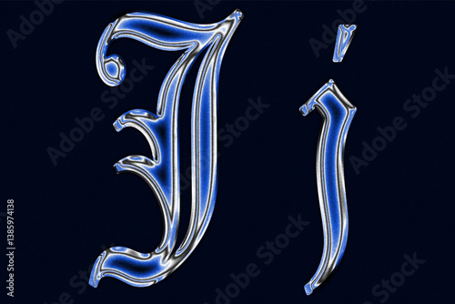 blue Gothic blackletter font chrome techno Glossy holographic 3D letter j Metallic shiny text design