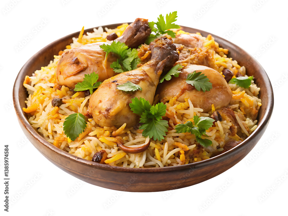 Chicken biryani served in a white plate, isolated on white background, traditional Indian food top view.
Chicken biryani served in a white plate, isolated on white background, traditional Indian food top view.