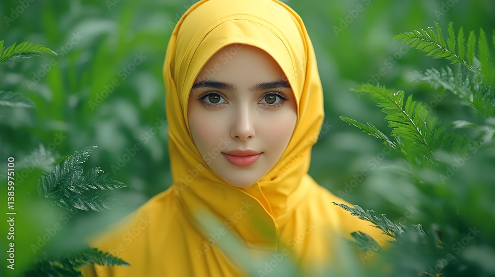 Young Muslim Woman Yellow Hijab Nature Portrait.