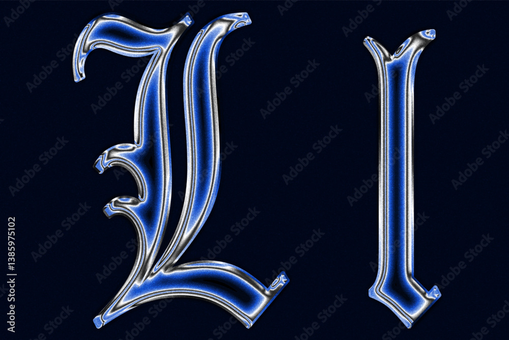 blue Gothic blackletter font chrome techno Glossy holographic 3D letter l Metallic shiny text design