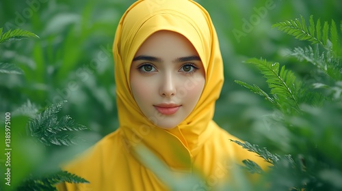 Obraz na płótnie Young Muslim Woman Yellow Hijab Nature Portrait. w salonie