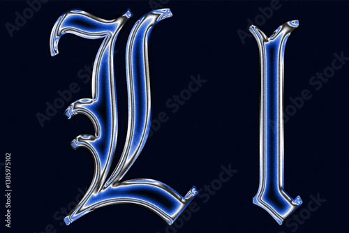 blue Gothic blackletter font chrome techno Glossy holographic 3D letter l Metallic shiny text design