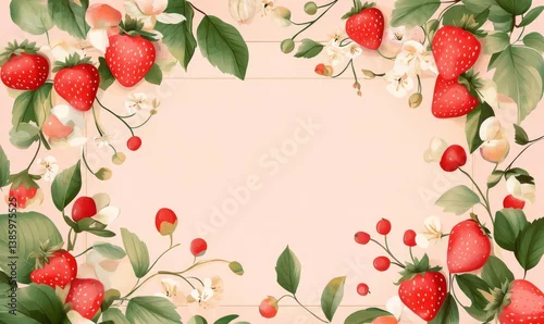 Panel kuchenny z motywem Strawberries and leaves frame on a soft pink background.