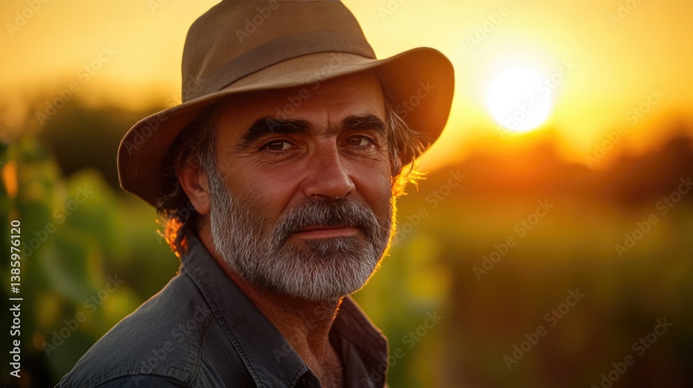 Obraz premium A bearded middle-aged man wearing a hat stands outdoors as the golden sunset sets.