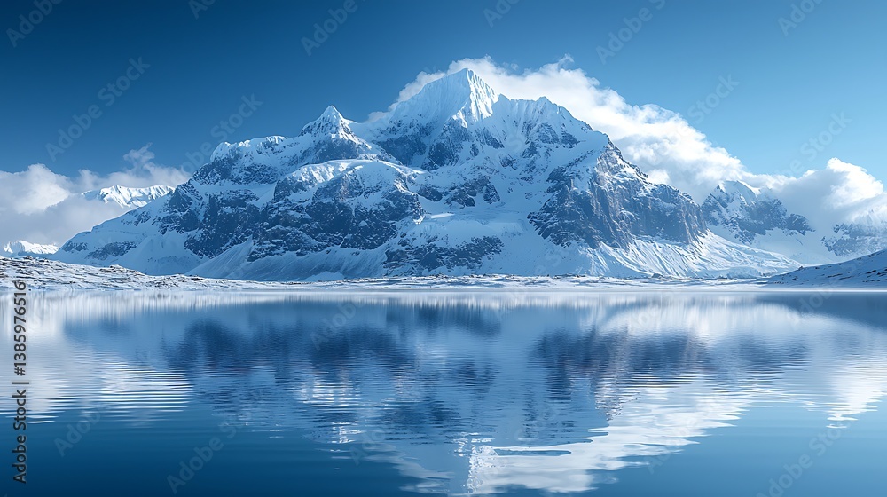 Naklejka premium Snow-covered mountain peak reflecting on crystal-clear lake