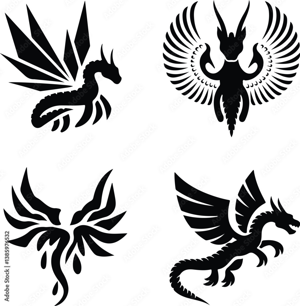 Obraz premium Dragon Flying with Wings Silhouette Set | Flying Dragon, Fantasy Illustration, and Mythological Icon Dragon Flying with Wings Silhouette Set | Fantasy Creature, Mythical Beast, and Dragon Vector Colle