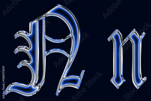 blue Gothic blackletter font chrome techno Glossy holographic 3D letter n Metallic shiny text design