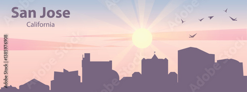 The silhouette of the city of San Jose, California against the backdrop of the sunset and pink clouds. It is also made in pastel colors