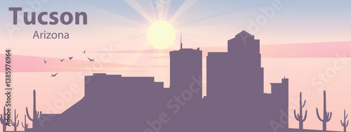 The silhouette of the city of Tucson, Arizona against the backdrop of the sunset and pink clouds. It is also made in pastel colors