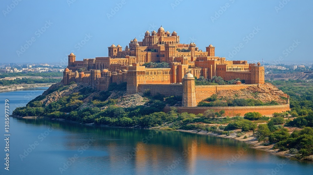 Majestic fortress, situated on a hill overlooking a tranquil lake. Ancient architecture, showcasing intricate details. Golden hues of the sandstone structure in the bright sunlight Majestic fortress, situated on a hill overlooking a tranquil lake. Ancient architecture, showcasing intricate details. Golden hues of the sandstone structure in the bright sunlight