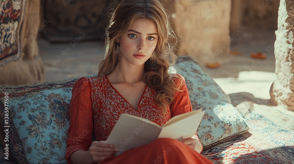 Young Woman Reading Book with Ancient Setting, and Sunlit.