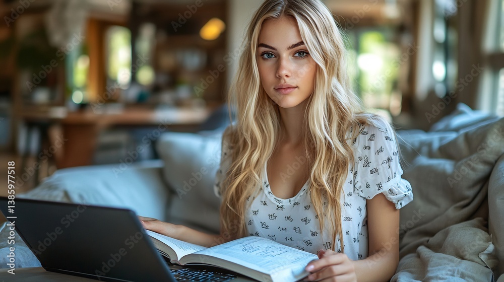 Young Woman Studying Laptop Home Cozy.