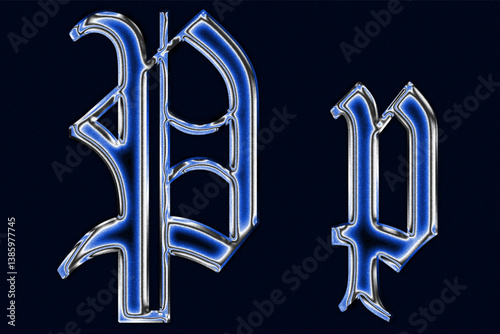 blue Gothic blackletter font chrome techno Glossy holographic 3D letter p Metallic shiny text design