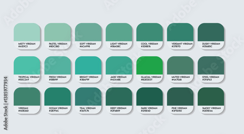Viridian color palette, Viridian color guide, Viridian RGB HEX codes, Viridian color names, Viridian green shade, Viridian fashion color, green blue color palette, green blue tone chart, modern Viridi