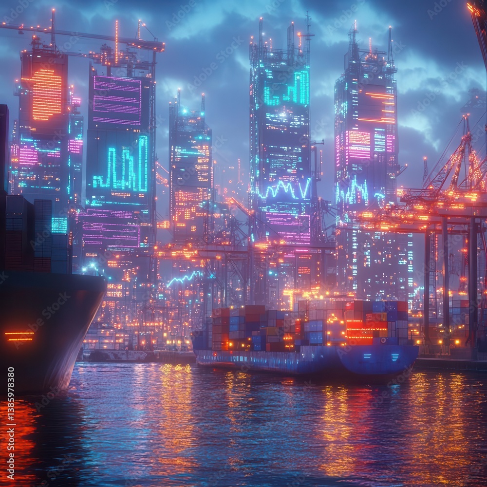 Obraz premium Cyberpunk port city featuring neon graphs and tariff warnings