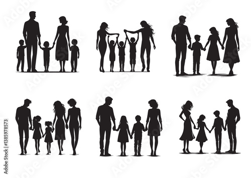 Silhouette of a family of four holding hands, capturing the essence of unity and love Vector Set