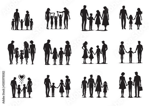 Silhouette of a family of four holding hands, capturing the essence of unity and love Vector Set
