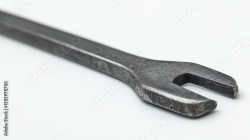 A close-up of a sturdy pry bar with a flat tip, on a white background