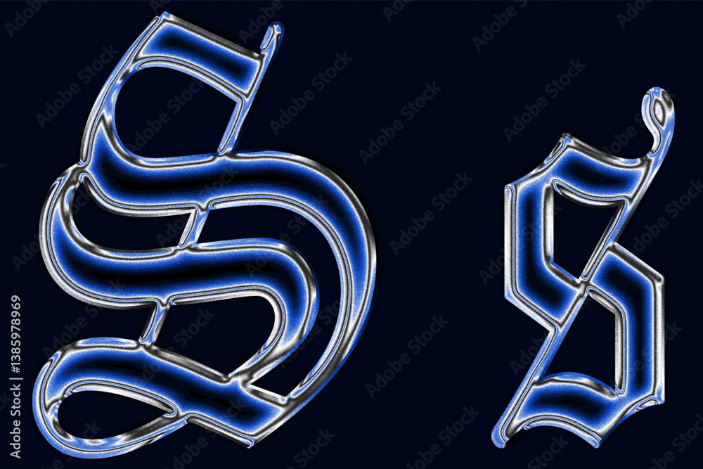 blue Gothic blackletter font chrome techno Glossy holographic 3D letter s Metallic shiny text design