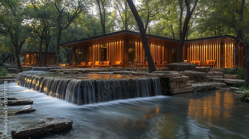 Zen Garden Cafe with Wooden Pavilion, and Waterfall.