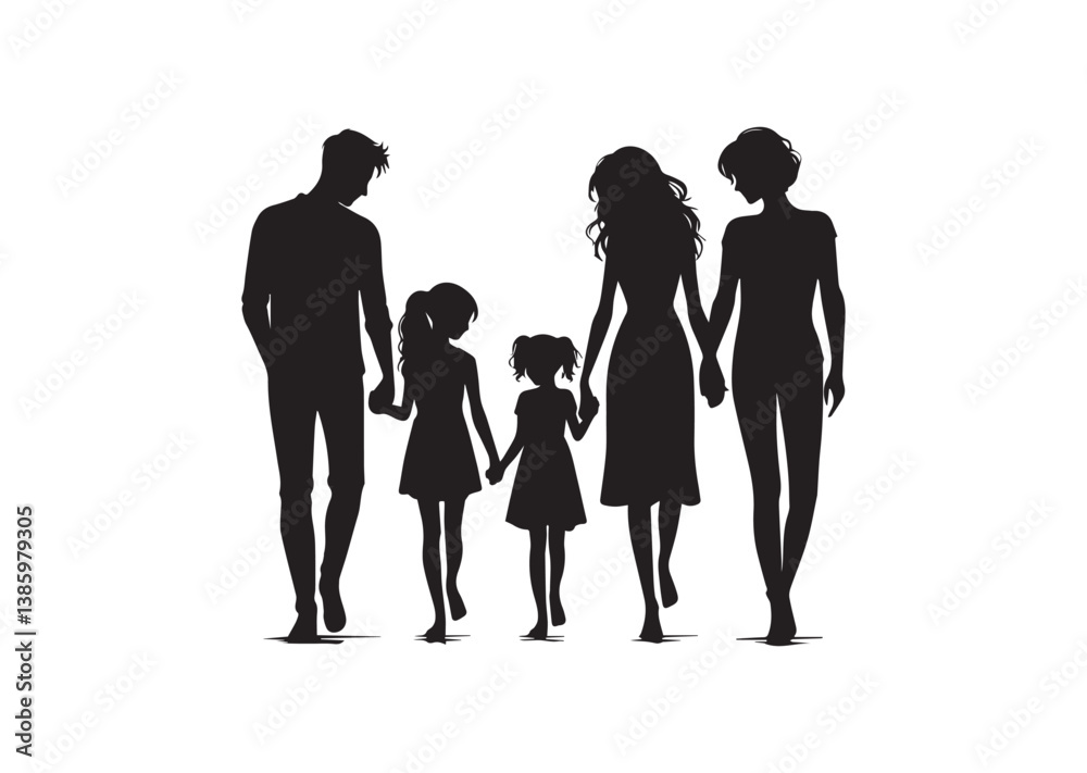 Silhouette of a family of four holding hands, capturing the essence of unity and love Vector Silhouette of a family of four holding hands, capturing the essence of unity and love Vector
