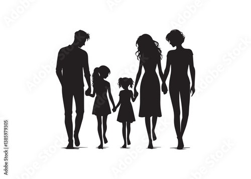 Silhouette of a family of four holding hands, capturing the essence of unity and love Vector