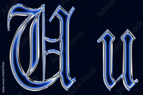 blue Gothic blackletter font chrome techno Glossy holographic 3D letter u Metallic shiny text design