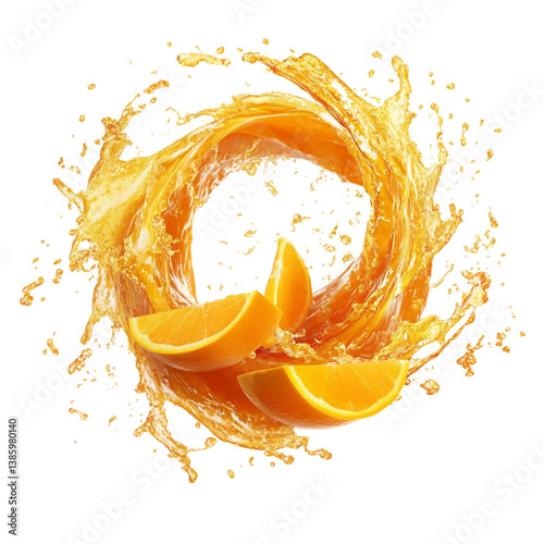 Dynamic orange splash with fruit slice isolated on transparent background, ideal for vibrant food and beverage advertising.png