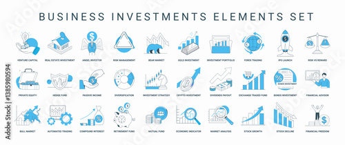 set business investment elements visually concepts like venture capital real estate investment angel investors risk management bear markets investment portfolios