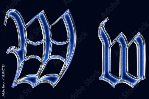 blue Gothic blackletter font chrome techno Glossy holographic 3D letter w Metallic shiny text design
