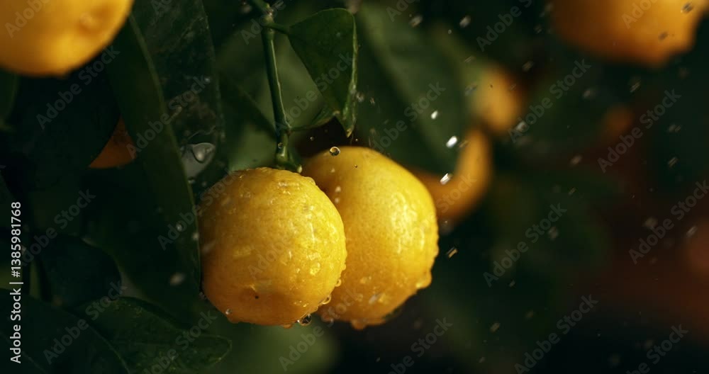 Super Slow Motion of Fresh yellow lemons on a tree with water droplets falling in slow motion - vibrant citrus fruits glistening with moisture after a refreshing rain in a lush green orchard