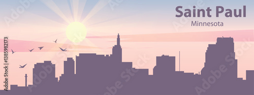 The silhouette of the city of Saint Paul, Minnesota against the backdrop of the sunset and pink clouds. It is also made in pastel colors