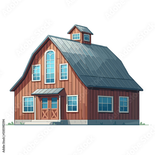 Vector traditional barn house with wooden siding and metal roof. Ideal for rural architecture, countryside properties and agricultural business branding.